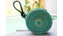 circle rattan bags long handle leather turquoise